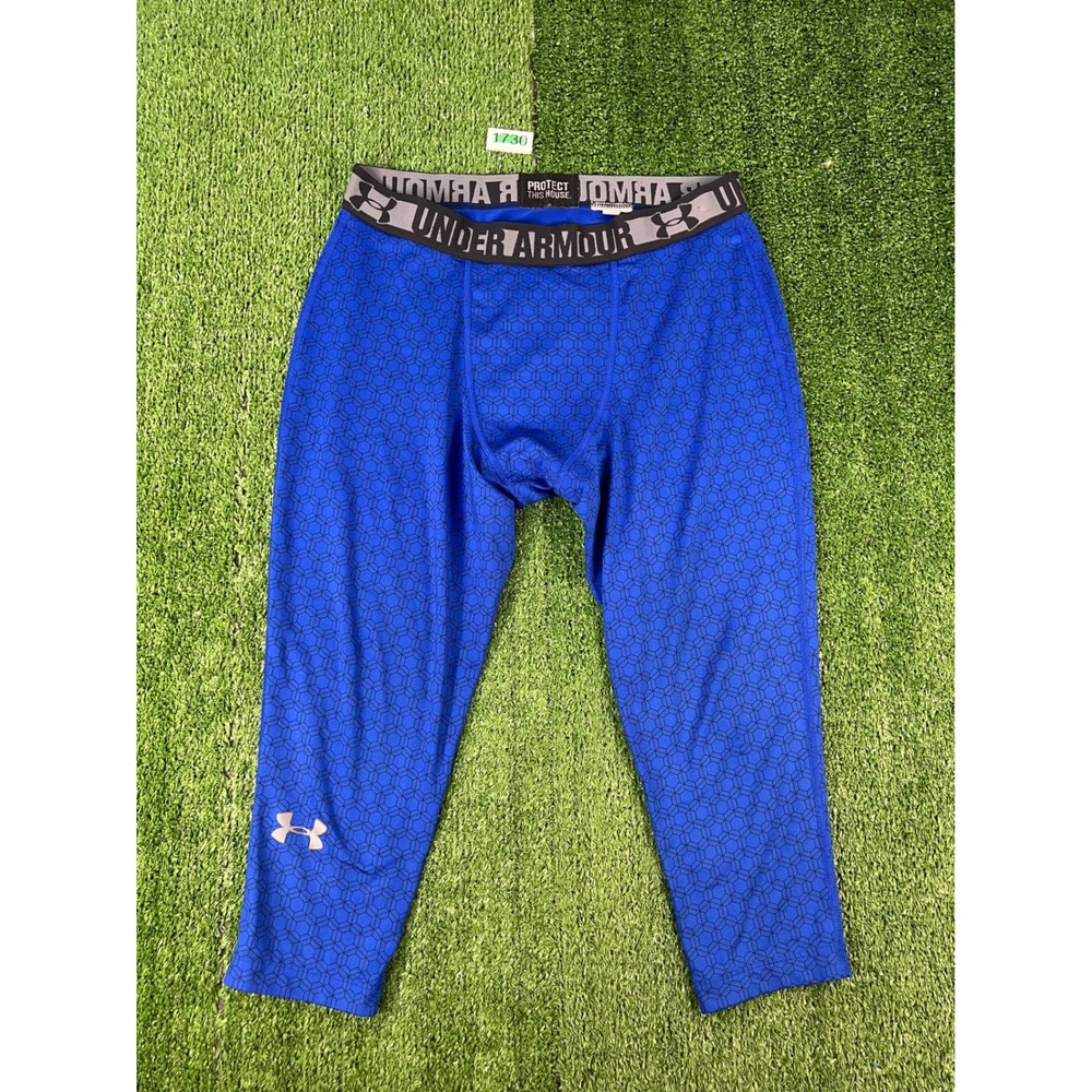 Under Armour Mens HeatGear Compression Leggings Blue Geometric 3/4 Tights Large